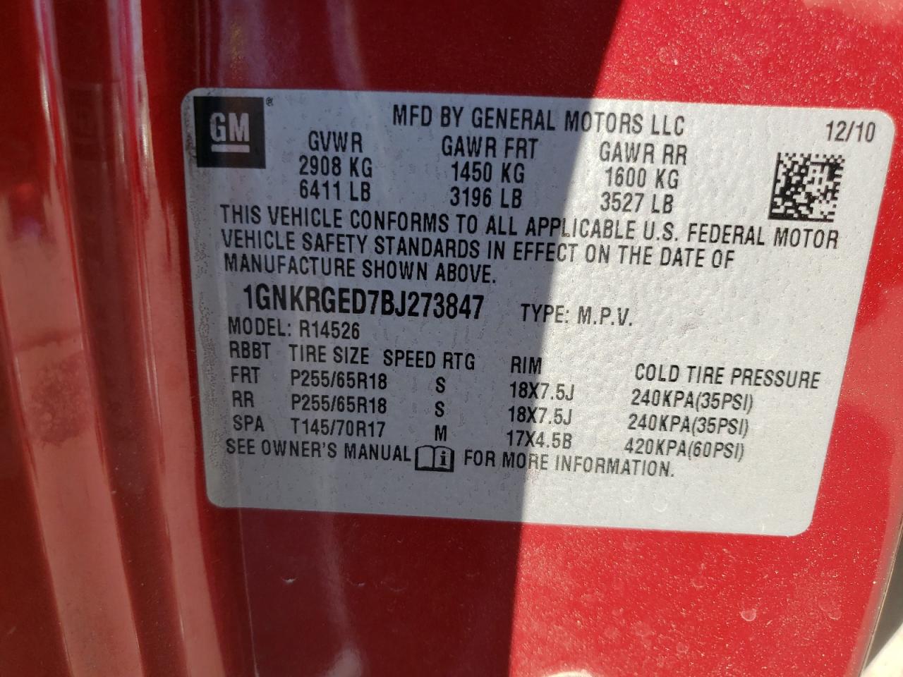 Photo 10 from auction – 2011 CHEVROLET TRAVERSE L with VIN 1GNKRGED7BJ273847