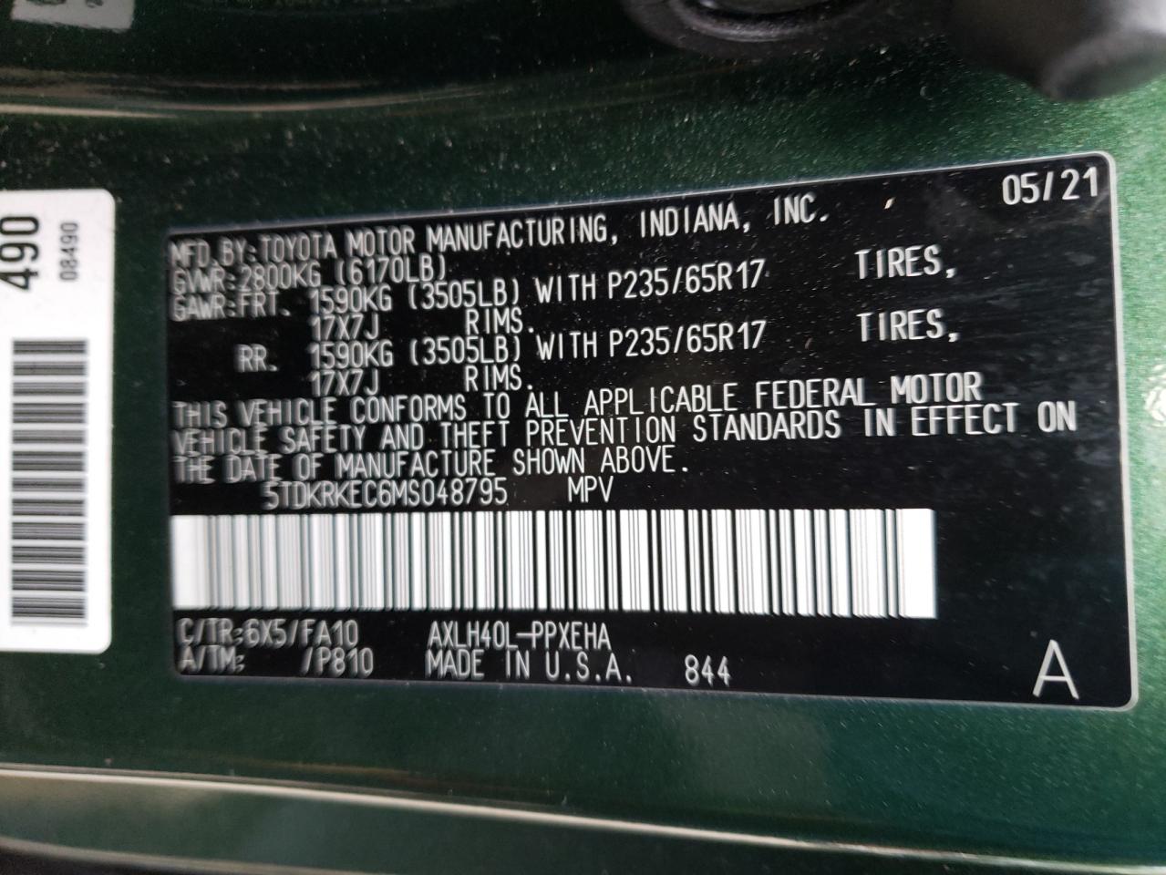 Photo 10 from auction – 2021 TOYOTA SIENNA LE with VIN 5TDKRKEC6MS048795