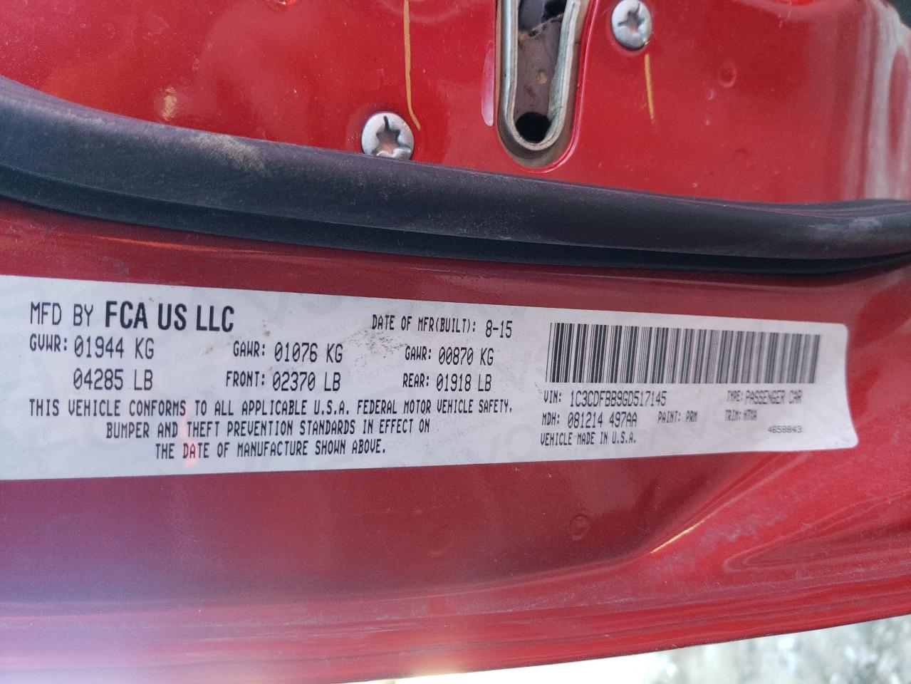 Photo 10 from auction – 2016 DODGE DART SXT with VIN 1C3CDFBB9GD517145