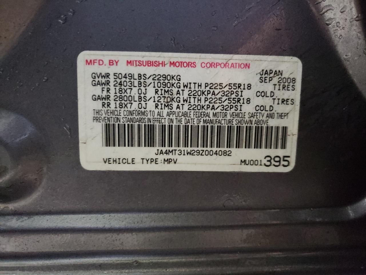 Photo 10 from auction – 2009 MITSUBISHI OUTLANDER with VIN JA4MT31W29Z004082