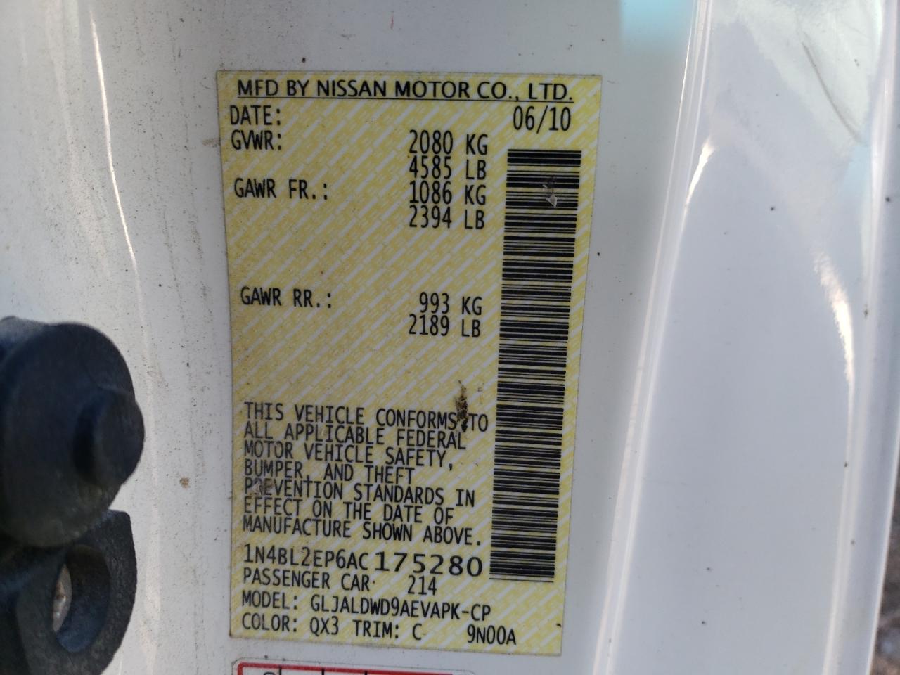 Photo 10 from auction – 2010 NISSAN ALTIMA SR with VIN 1N4BL2EP6AC175280
