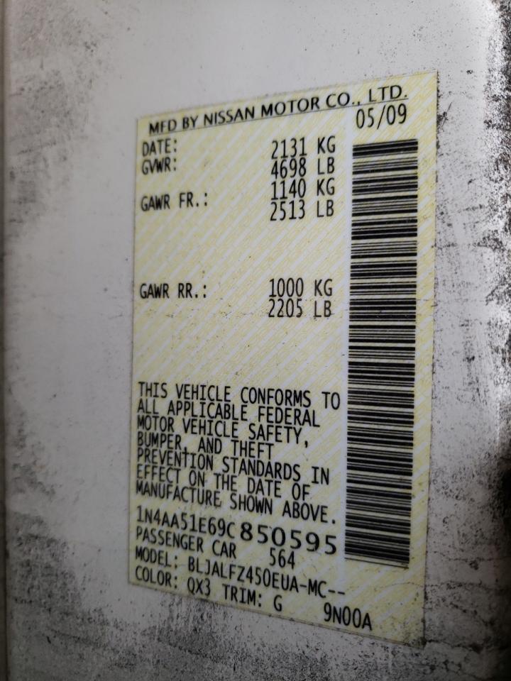 Photo 10 from auction – 2009 NISSAN MAXIMA S with VIN 1N4AA51E69C850595