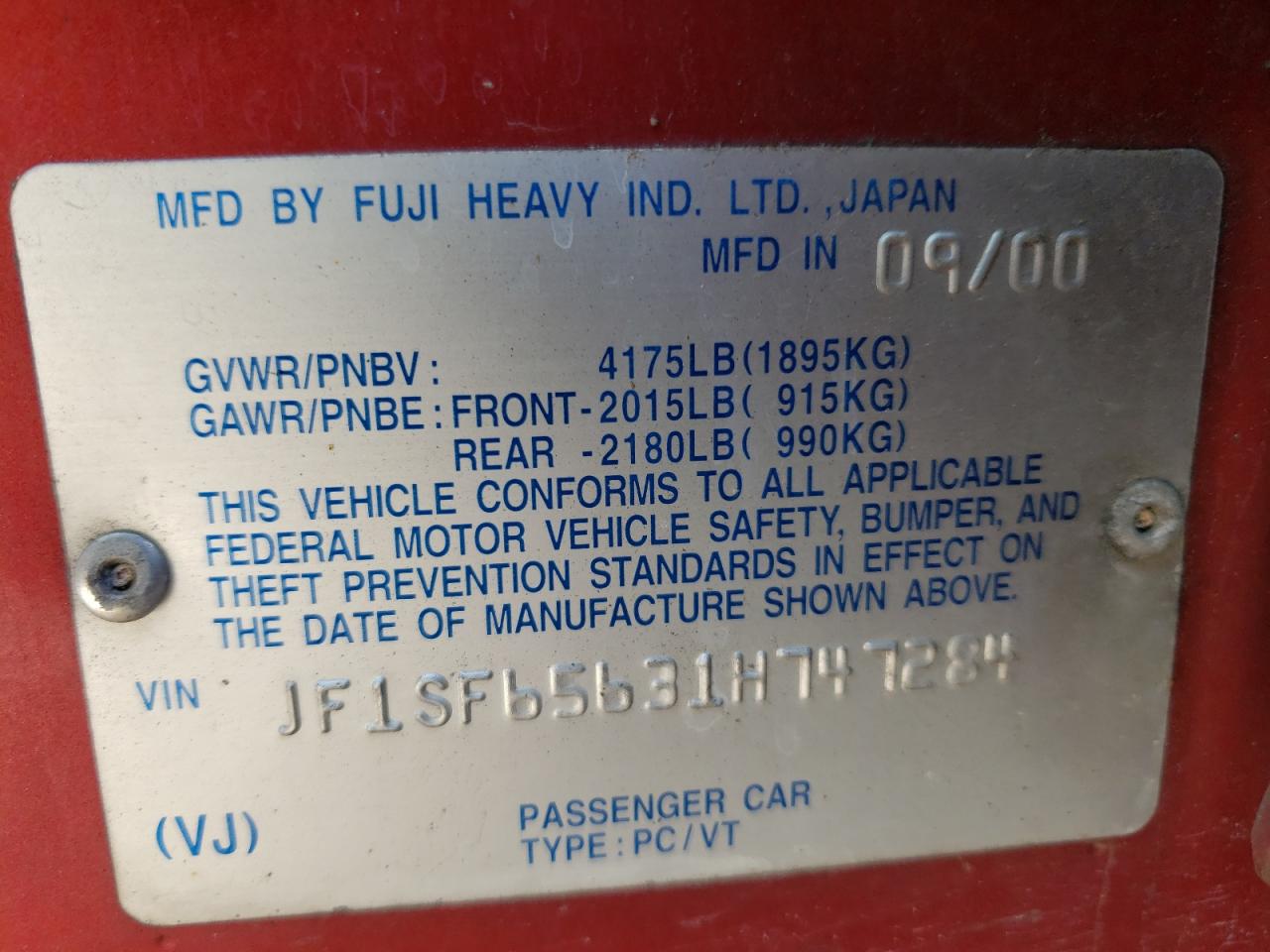 Photo 10 from auction – 2001 SUBARU FORESTER S with VIN JF1SF65631H747284