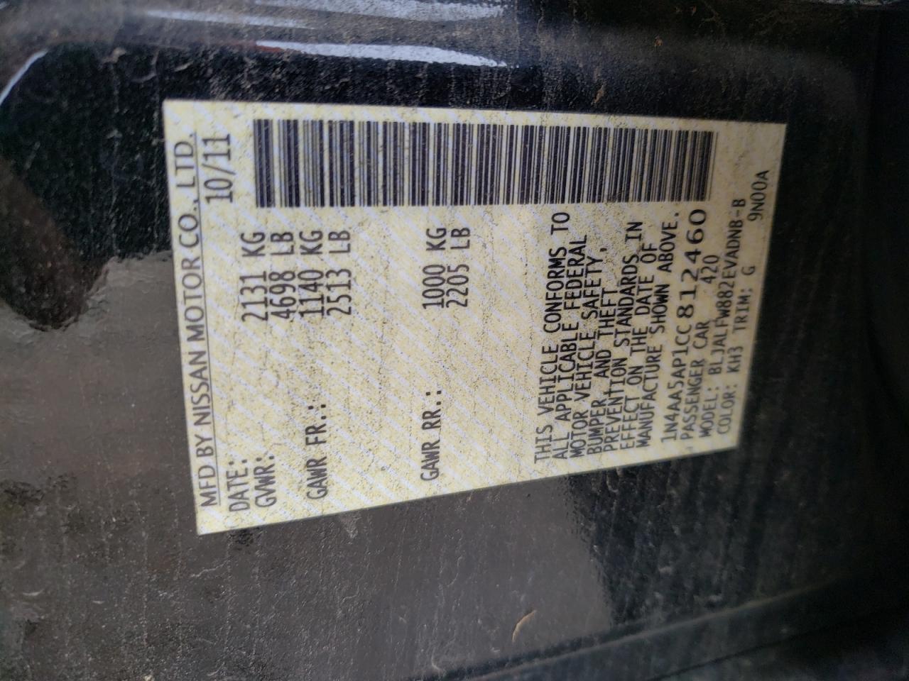 Photo 10 from auction – 2012 NISSAN MAXIMA S with VIN 1N4AA5AP1CC812460