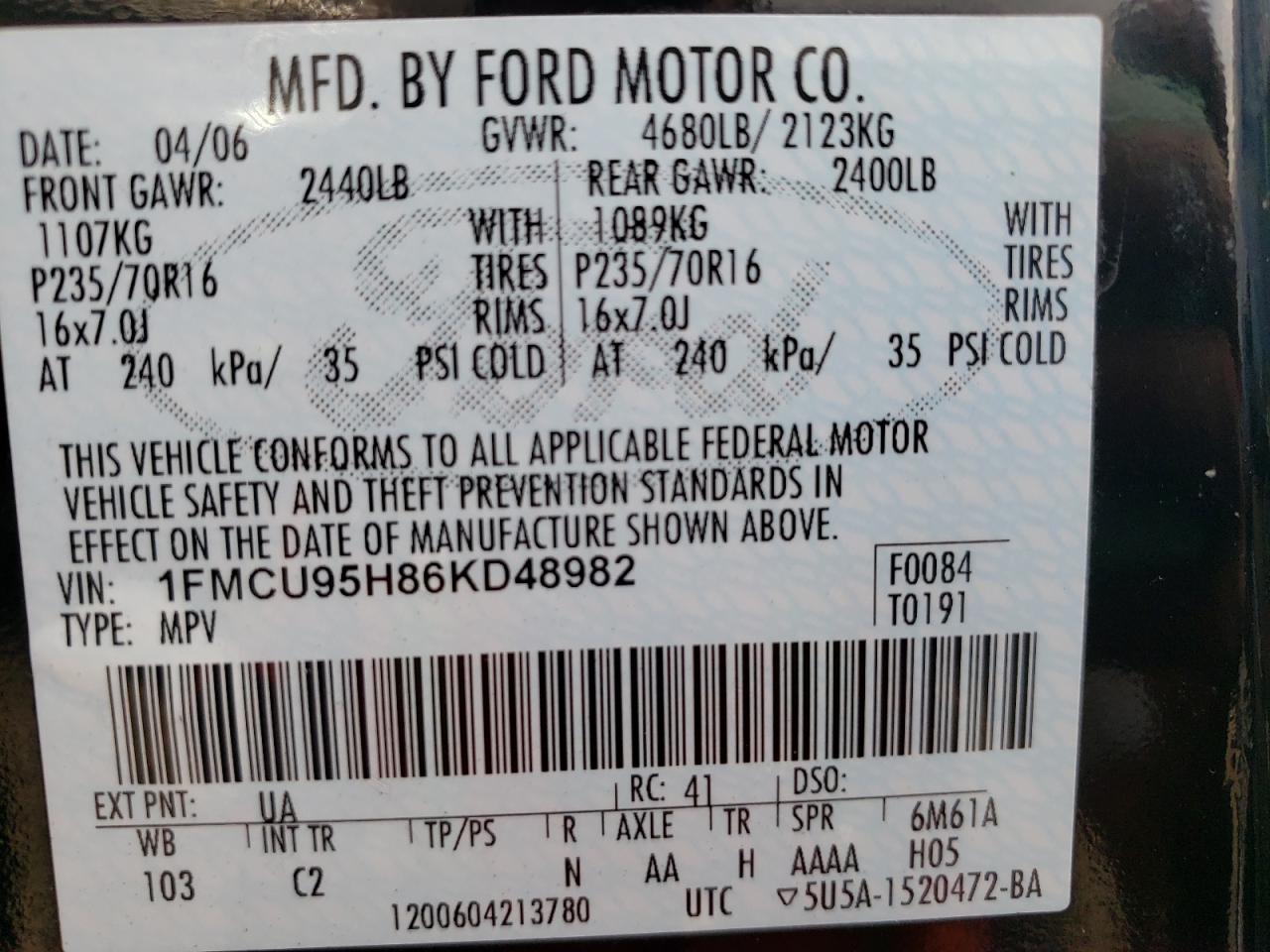 Photo 10 from auction – 2006 FORD ESCAPE HEV with VIN 1FMCU95H86KD48982