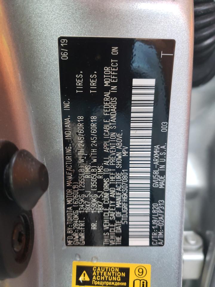Photo 10 from auction – 2019 TOYOTA HIGHLANDER with VIN 5TDJGRFH6KS070801