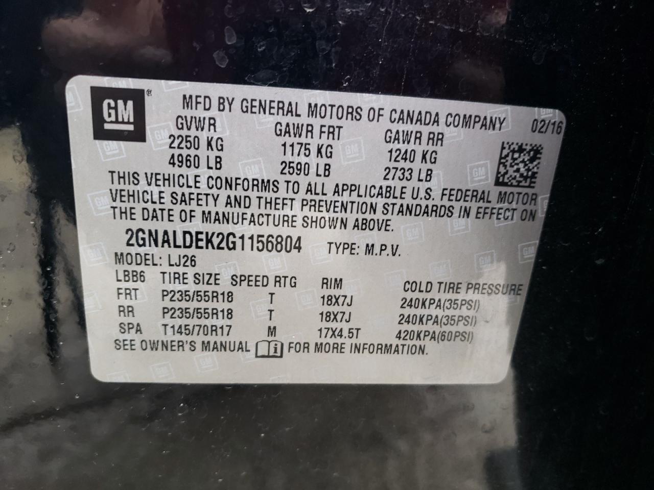 Photo 10 from auction – 2016 CHEVROLET EQUINOX LT with VIN 2GNALDEK2G1156804