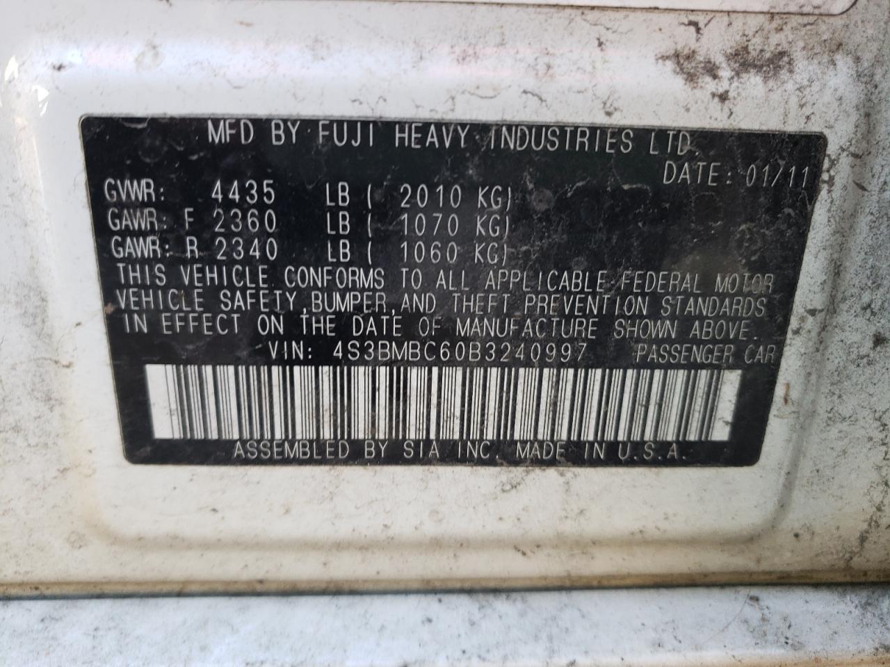 Photo 10 from auction – 2011 SUBARU LEGACY 2.5 with VIN 4S3BMBC60B3240997