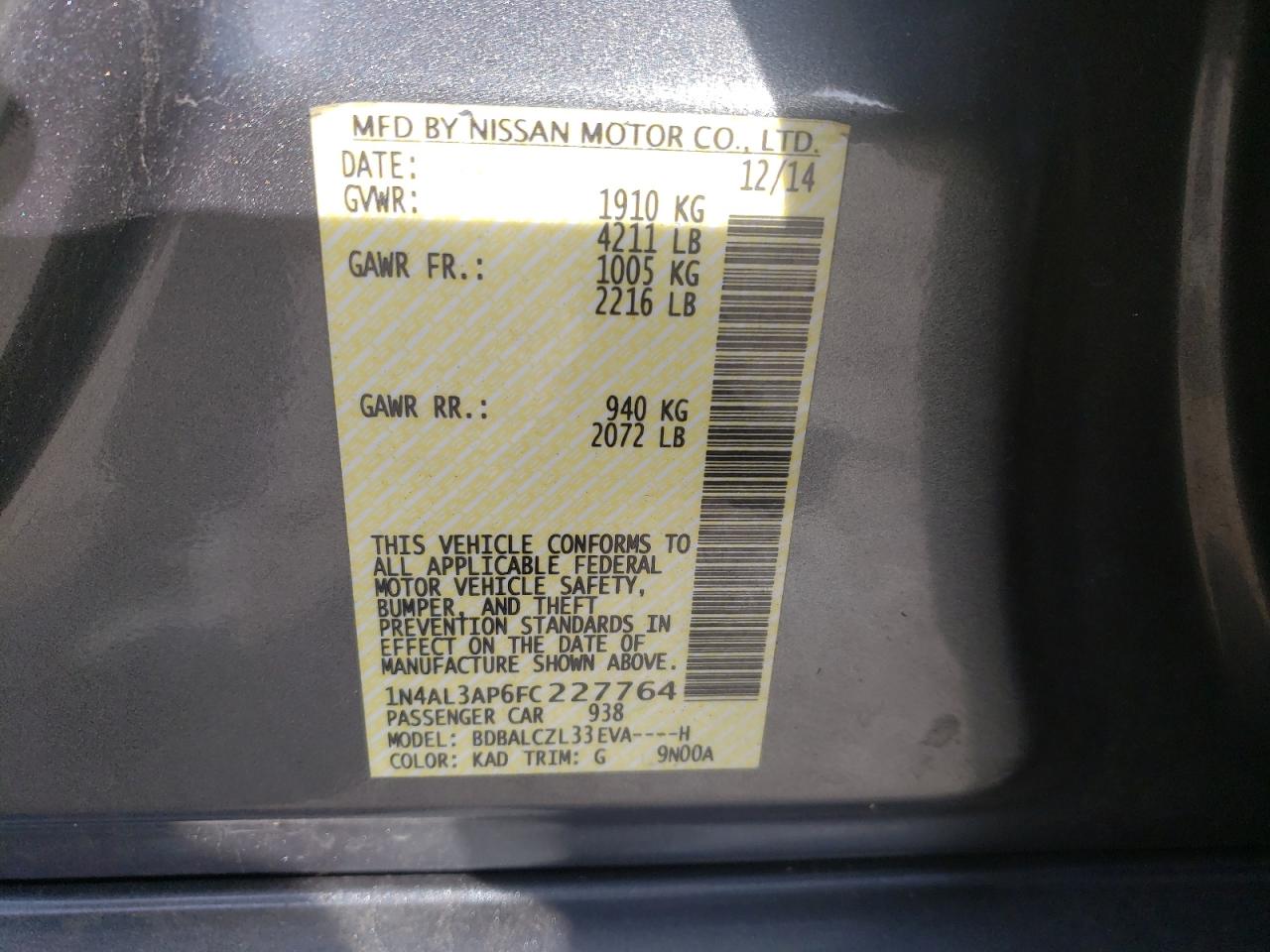 Photo 10 from auction – 2015 NISSAN ALTIMA 2.5 with VIN 1N4AL3AP6FC227764