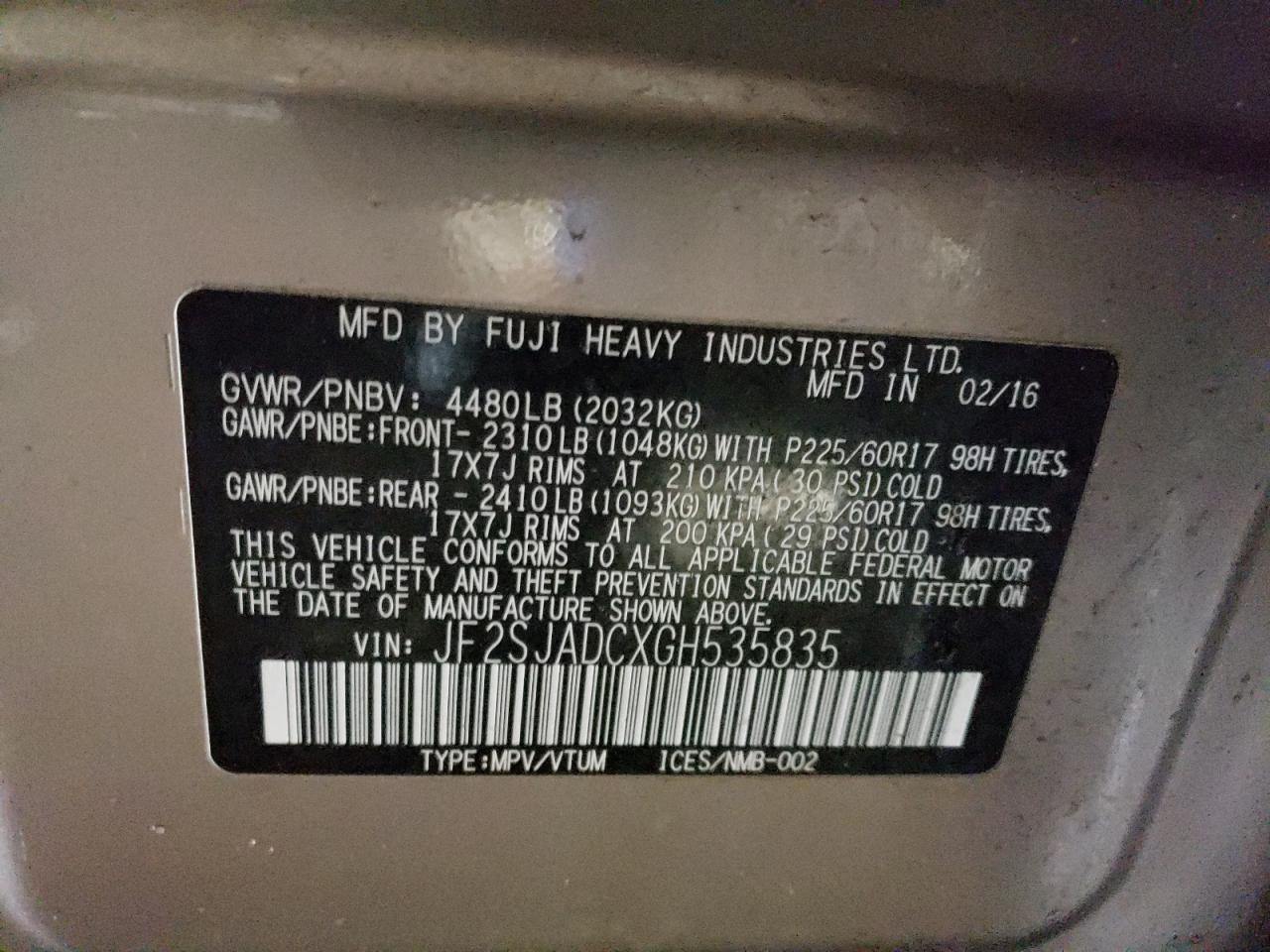 Photo 10 from auction – 2016 SUBARU FORESTER 2 with VIN JF2SJADCXGH535835