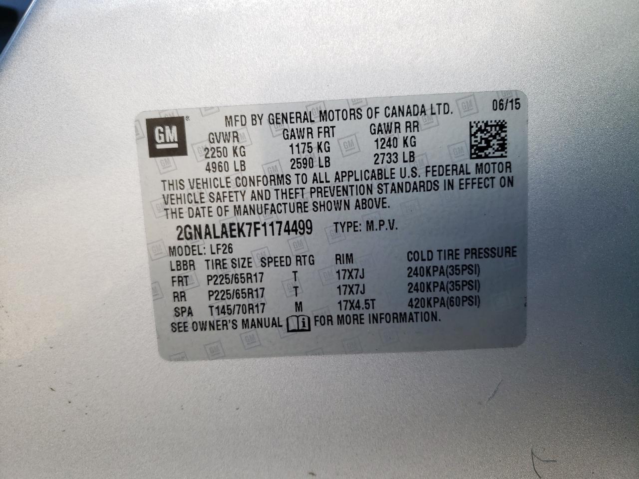 Photo 10 from auction – 2015 CHEVROLET EQUINOX LS with VIN 2GNALAEK7F1174499