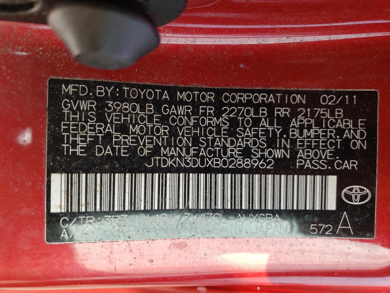 Photo 10 from auction – 2011 TOYOTA PRIUS with VIN JTDKN3DUXB0288962