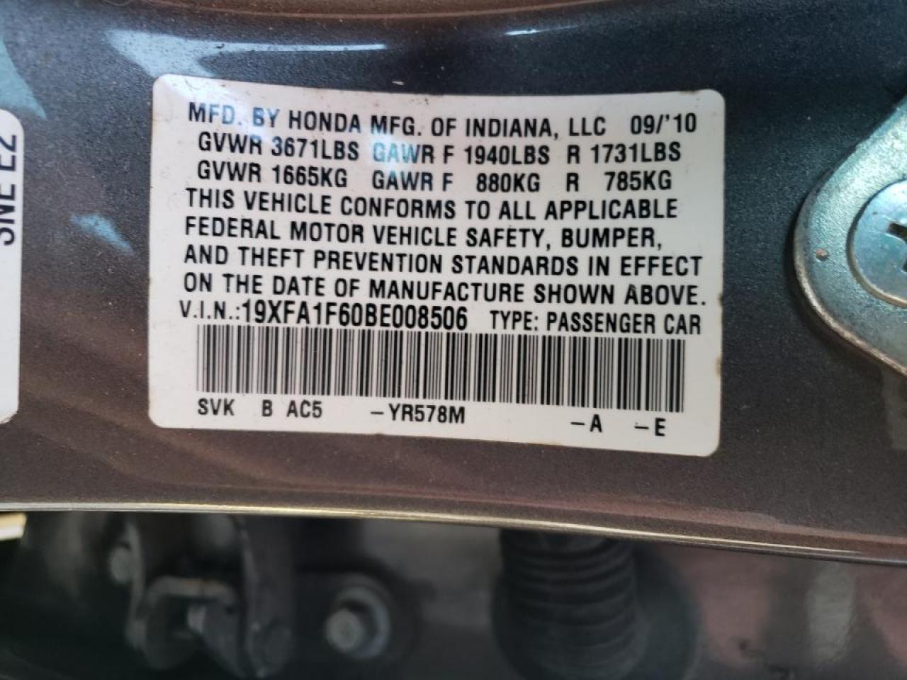 Photo 10 from auction – 2011 HONDA CIVIC LX-S with VIN 19XFA1F60BE008506