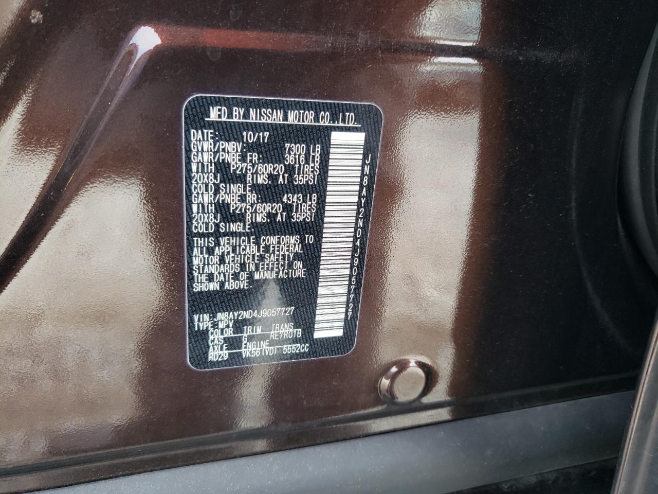 Photo 10 from auction – 2018 NISSAN ARMADA SV with VIN JN8AY2ND4J9057727