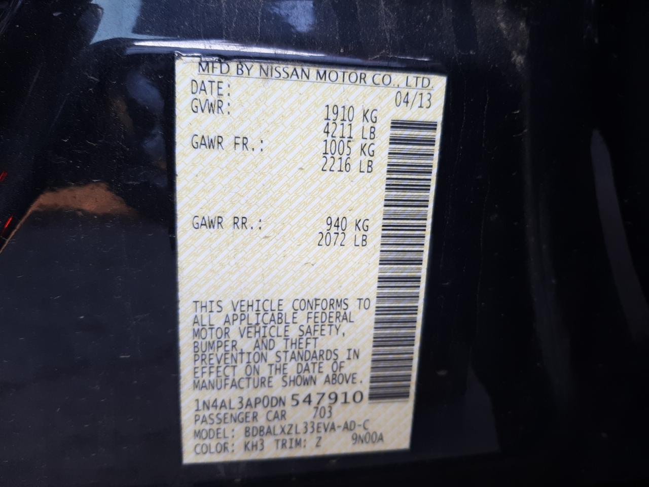 Photo 10 from auction – 2013 NISSAN ALTIMA 2.5 with VIN 1N4AL3AP0DN547910