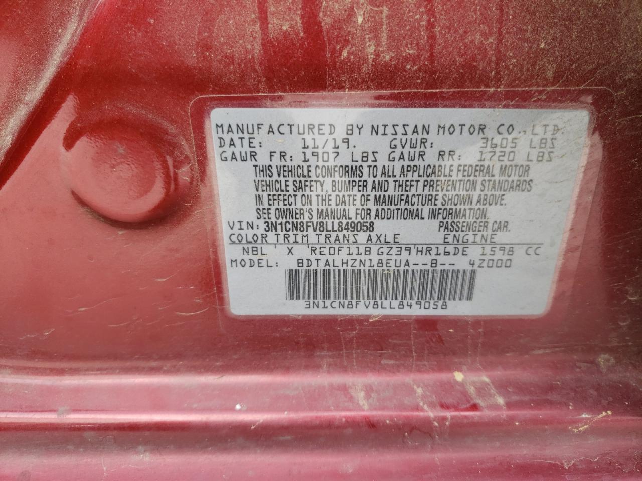 Photo 10 from auction – 2020 NISSAN VERSA SR with VIN 3N1CN8FV8LL849058