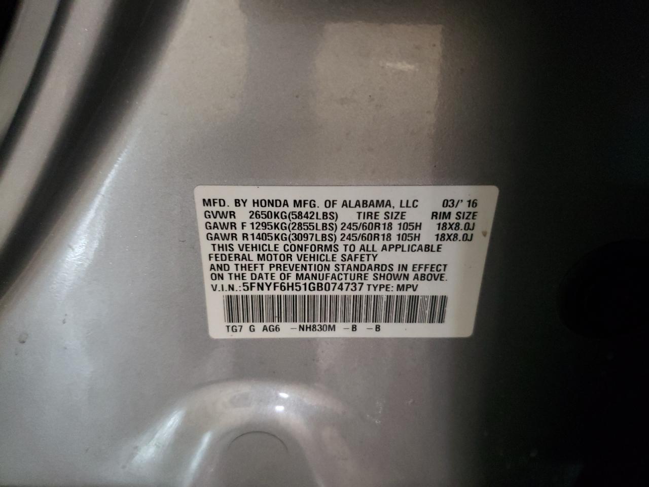 Photo 10 from auction – 2016 HONDA PILOT EXL with VIN 5FNYF6H51GB074737