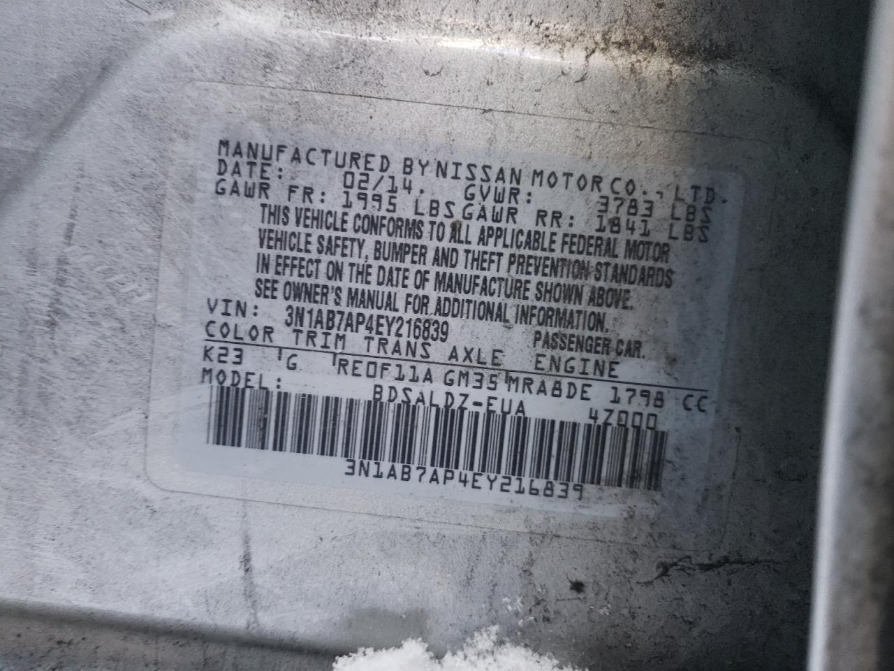 Photo 10 from auction – 2014 NISSAN SENTRA S with VIN 3N1AB7AP4EY216839