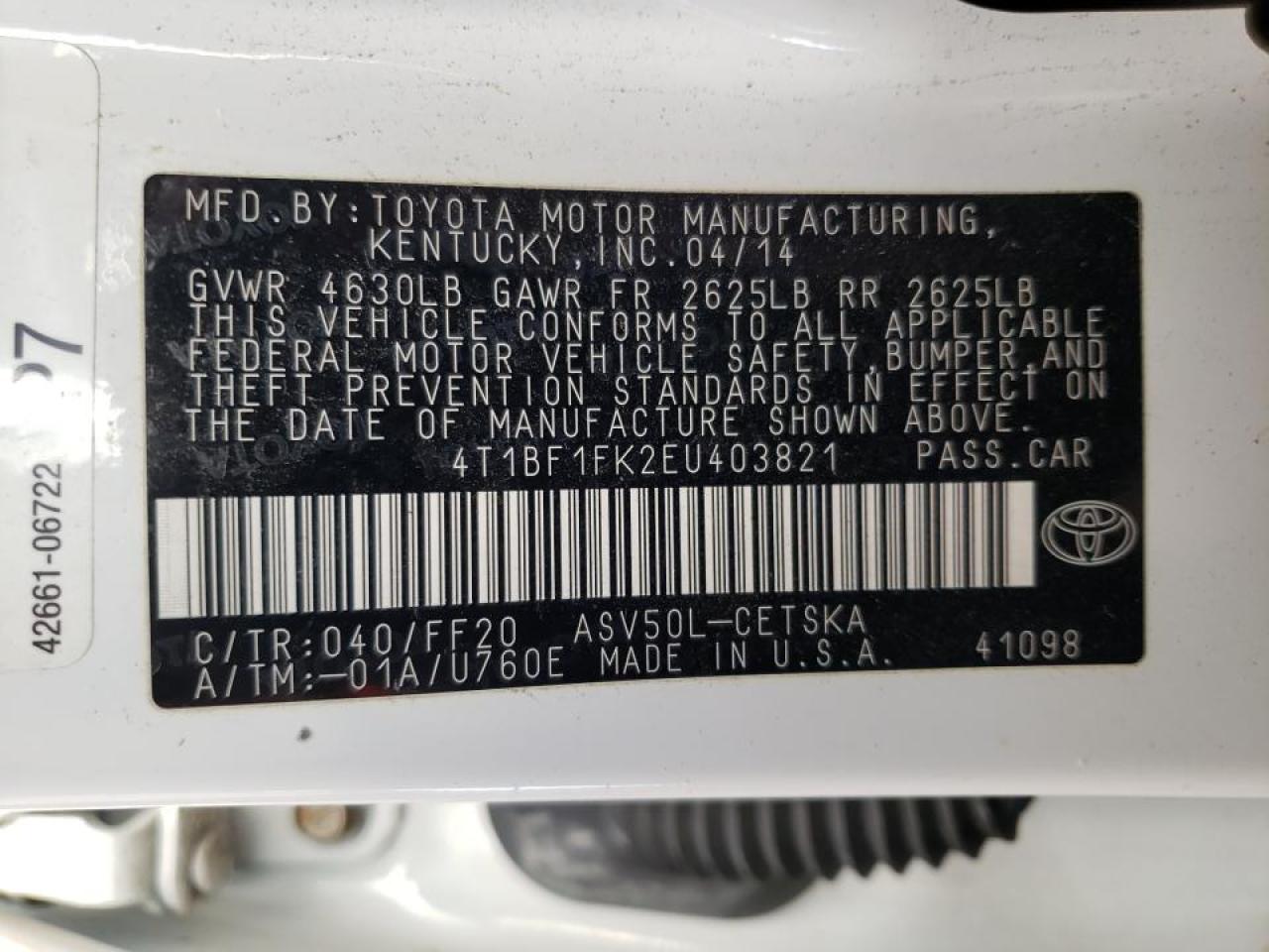 Photo 10 from auction – 2014 TOYOTA CAMRY L with VIN 4T1BF1FK2EU403821
