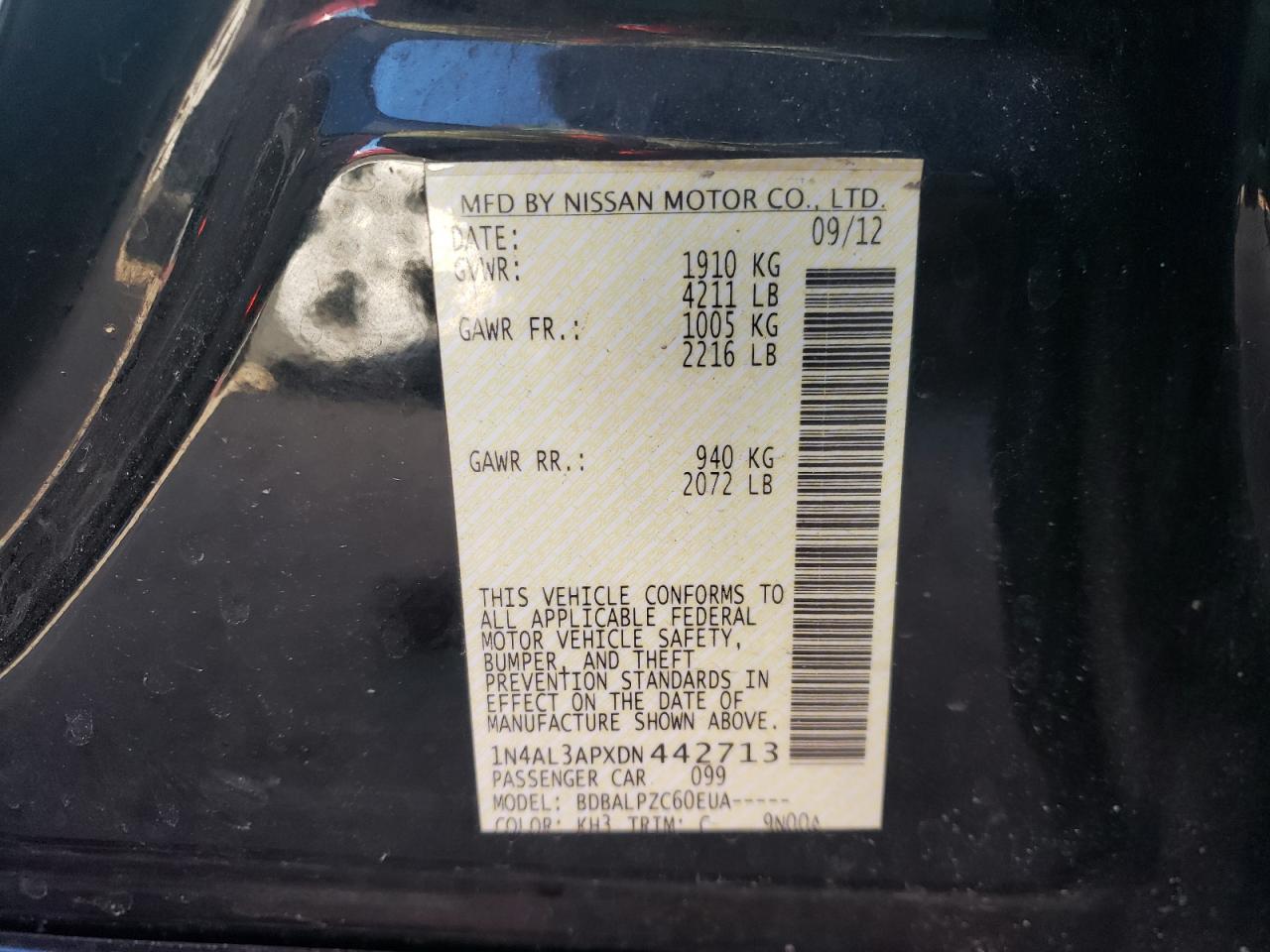 Photo 10 from auction – 2013 NISSAN ALTIMA with VIN 1N4AL3APXDN442713