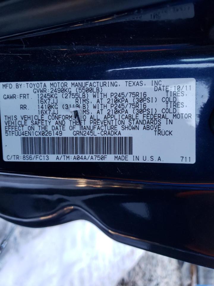 Photo 10 from auction – 2012 TOYOTA TACOMA with VIN 5TFUU4EN1CX026149