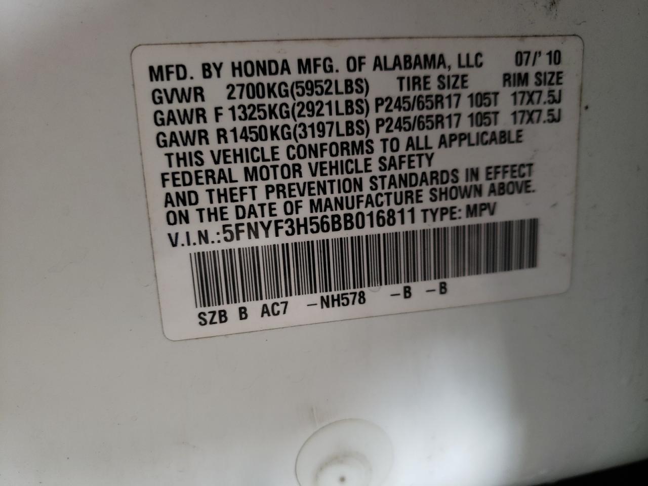 Photo 10 from auction – 2011 HONDA PILOT EXL with VIN 5FNYF3H56BB016811