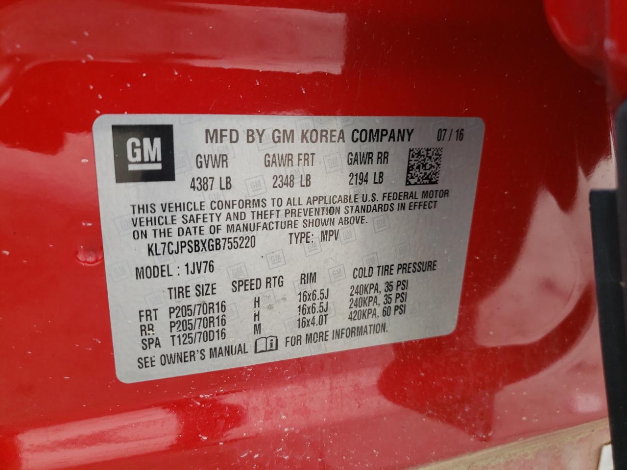 Photo 10 from auction – 2016 CHEVROLET TRAX 1LT with VIN KL7CJPSBXGB755220