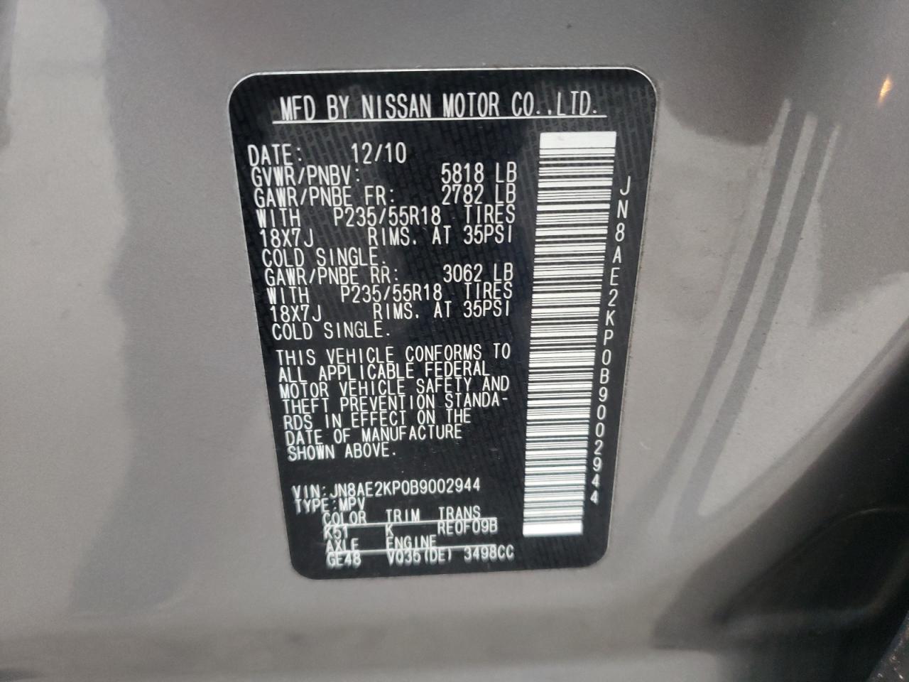 Photo 10 from auction – 2011 NISSAN QUEST S with VIN JN8AE2KP0B9002944