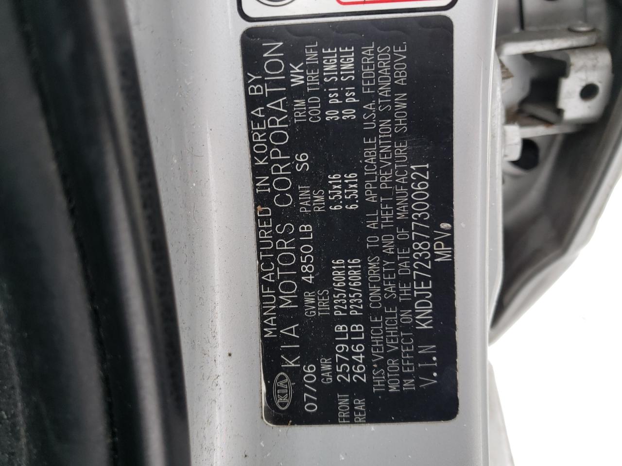Photo 10 from auction – 2007 KIA SPORTAGE E with VIN KNDJE723877300621