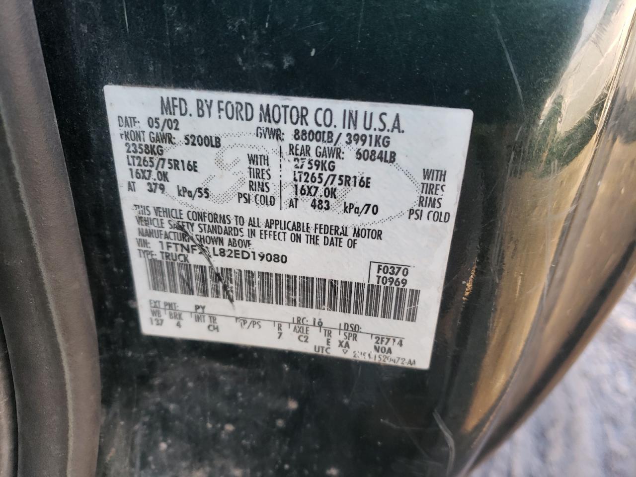 Photo 10 from auction – 2002 FORD F250 SUPER with VIN 1FTNF21L82ED19080