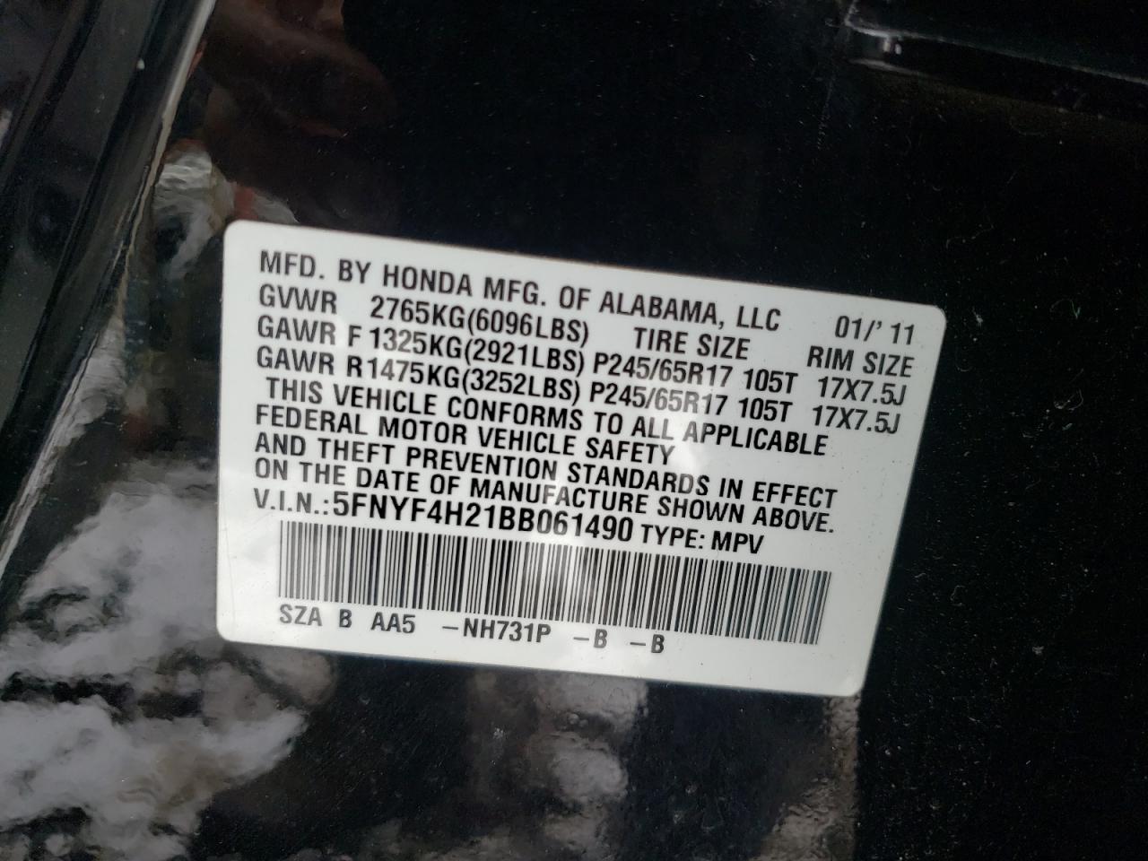 Photo 10 from auction – 2011 HONDA PILOT LX with VIN 5FNYF4H21BB061490