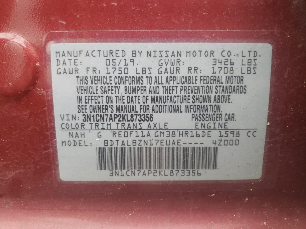 Photo 10 from auction – 2019 NISSAN VERSA S with VIN 3N1CN7AP2KL873356