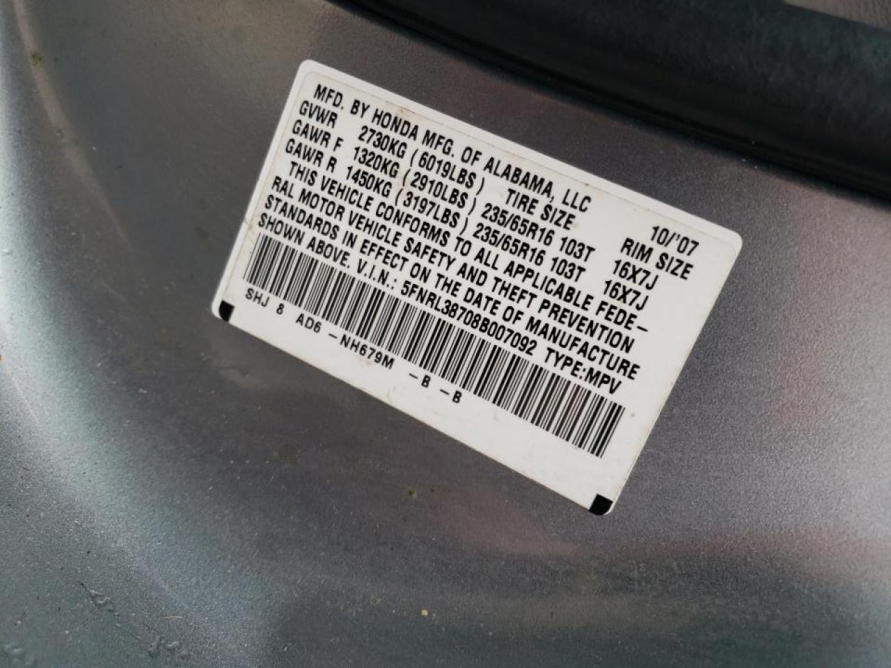 Photo 10 from auction – 2008 HONDA ODYSSEY EX with VIN 5FNRL38708B007092