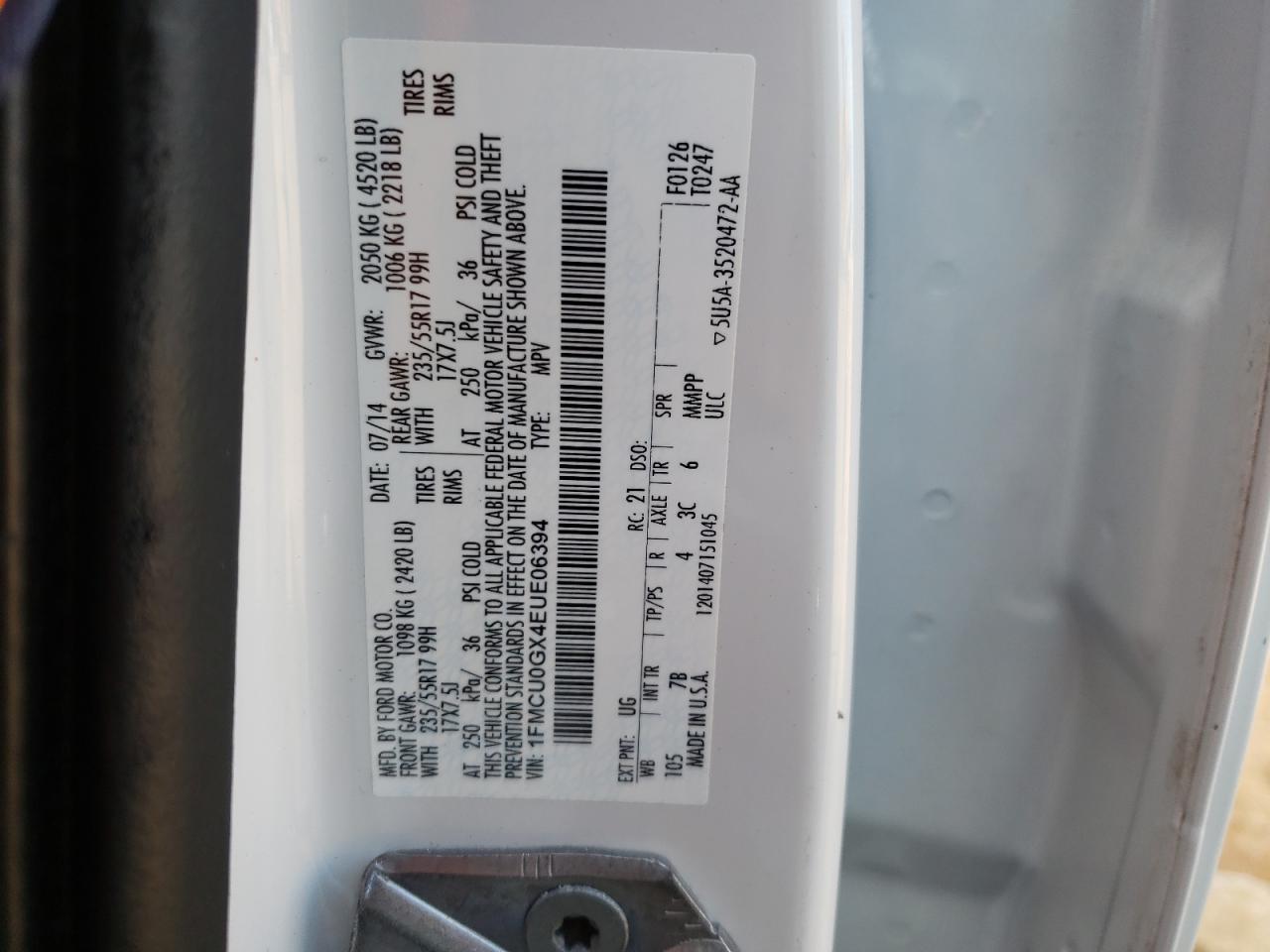 Photo 10 from auction – 2014 FORD ESCAPE SE with VIN 1FMCU0GX4EUE06394