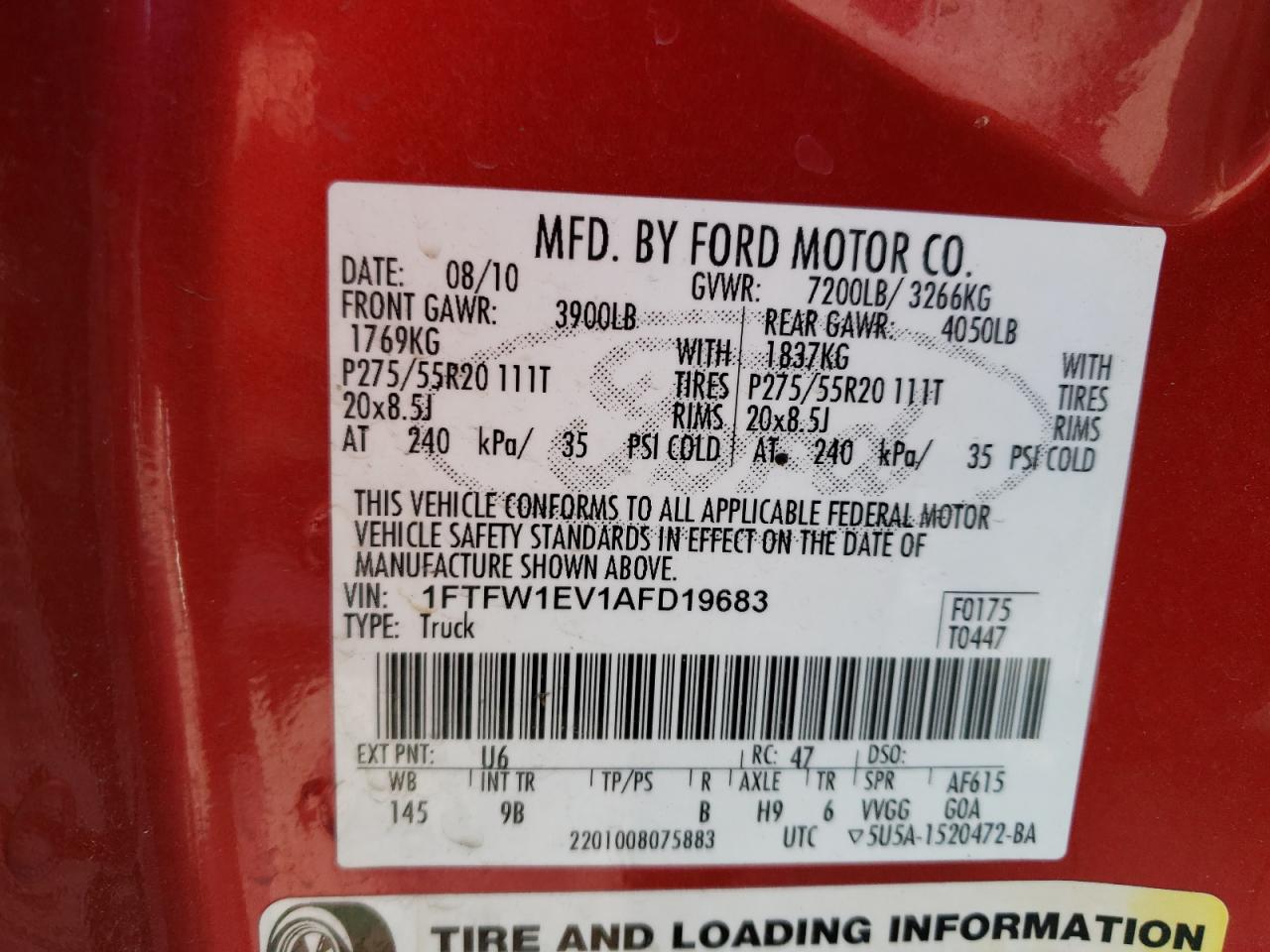 Photo 10 from auction – 2010 FORD F150 SUPER with VIN 1FTFW1EV1AFD19683