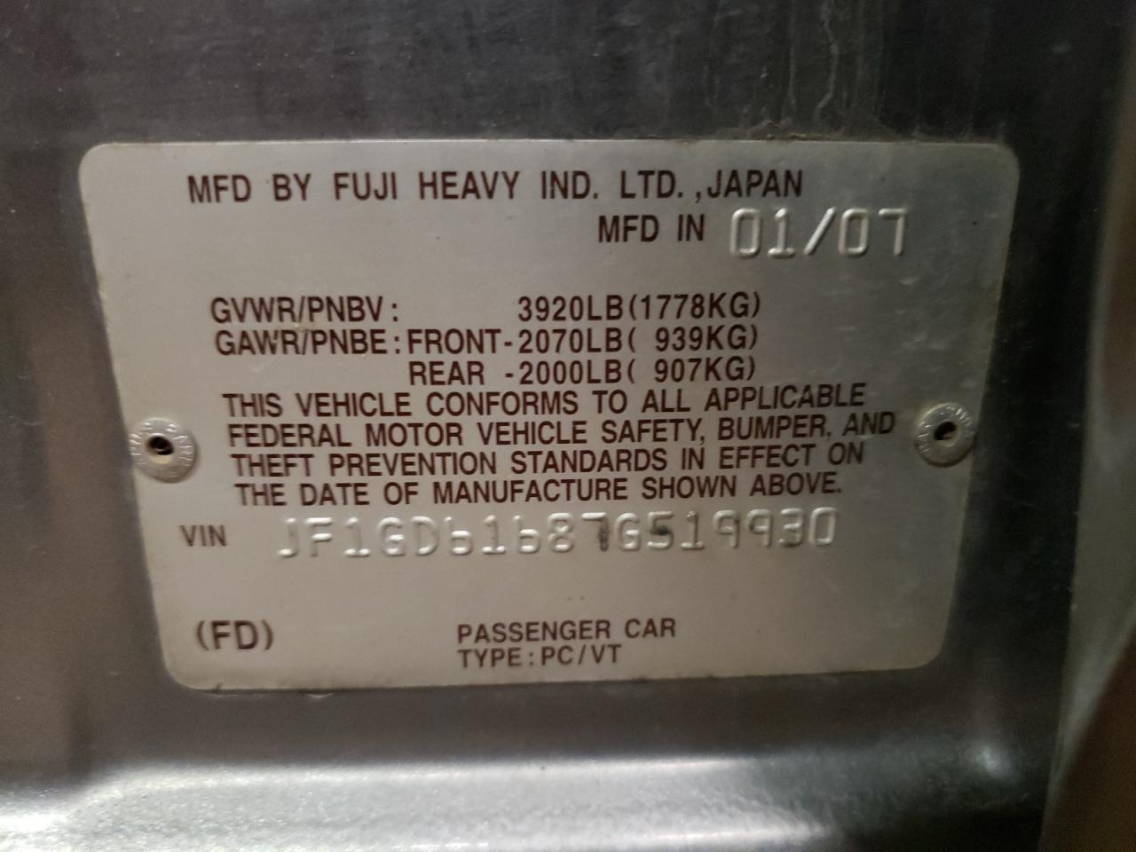 Photo 10 from auction – 2007 SUBARU IMPREZA 2. with VIN JF1GD61687G519930