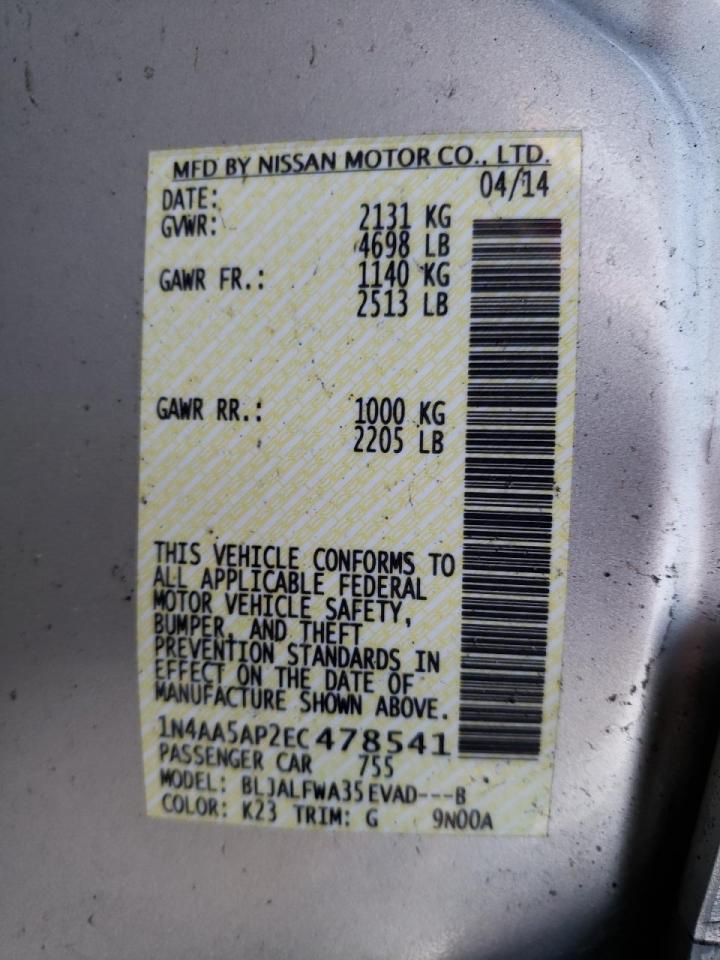 Photo 10 from auction – 2014 NISSAN MAXIMA S with VIN 1N4AA5AP2EC478541