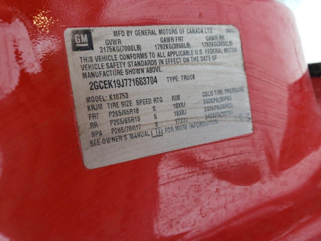 Photo 10 from auction – 2007 CHEVROLET SILVERADO with VIN 2GCEK19J771683704