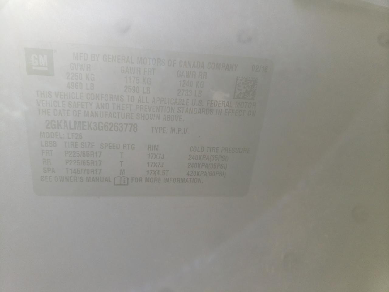 Photo 10 from auction – 2016 GMC TERRAIN SL with VIN 2GKALMEK3G6263778