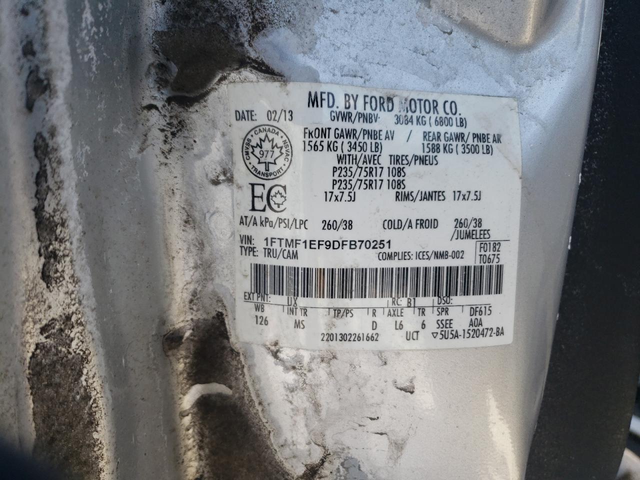 Photo 10 from auction – 2013 FORD F150 with VIN 1FTMF1EF9DFB70251