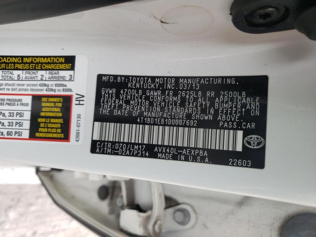 Photo 10 from auction – 2013 TOYOTA AVALON HYB with VIN 4T1BD1EB1DU007692
