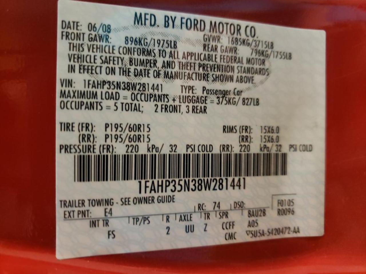 Photo 10 from auction – 2008 FORD FOCUS SE with VIN 1FAHP35N38W281441