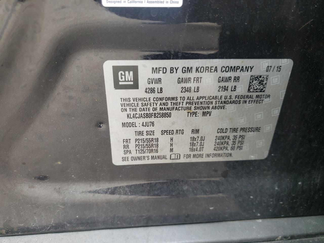 Photo 10 from auction – 2015 BUICK ENCORE with VIN KL4CJASB0FB258850