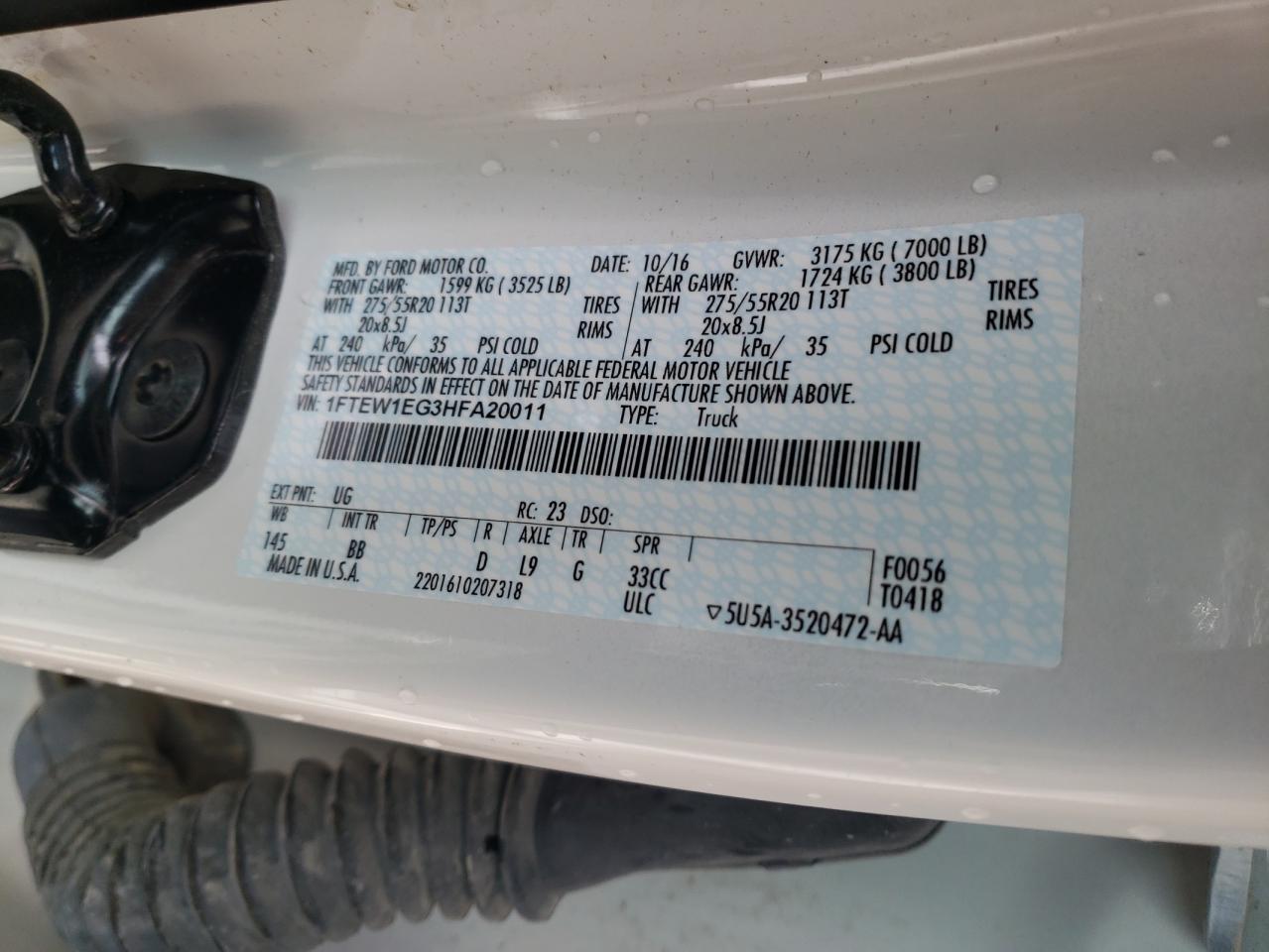 Photo 10 from auction – 2017 FORD F150 SUPER with VIN 1FTEW1EG3HFA20011