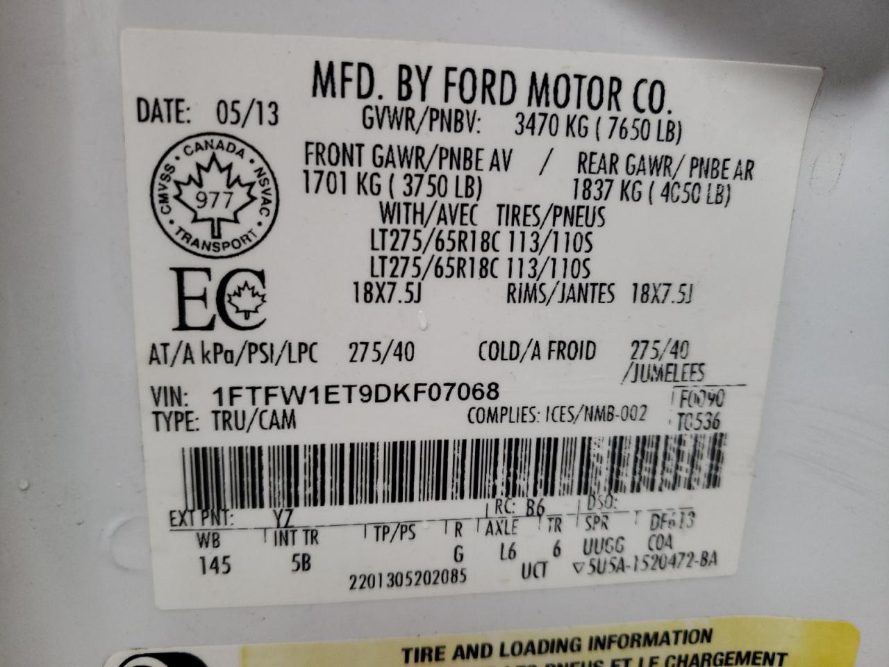 Photo 10 from auction – 2013 FORD F150 SUPER with VIN 1FTFW1ET9DKF07068