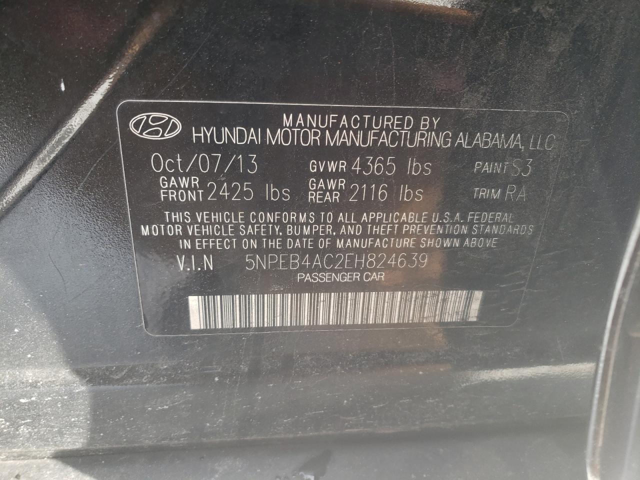 Photo 10 from auction – 2014 HYUNDAI SONATA GLS with VIN 5NPEB4AC2EH824639