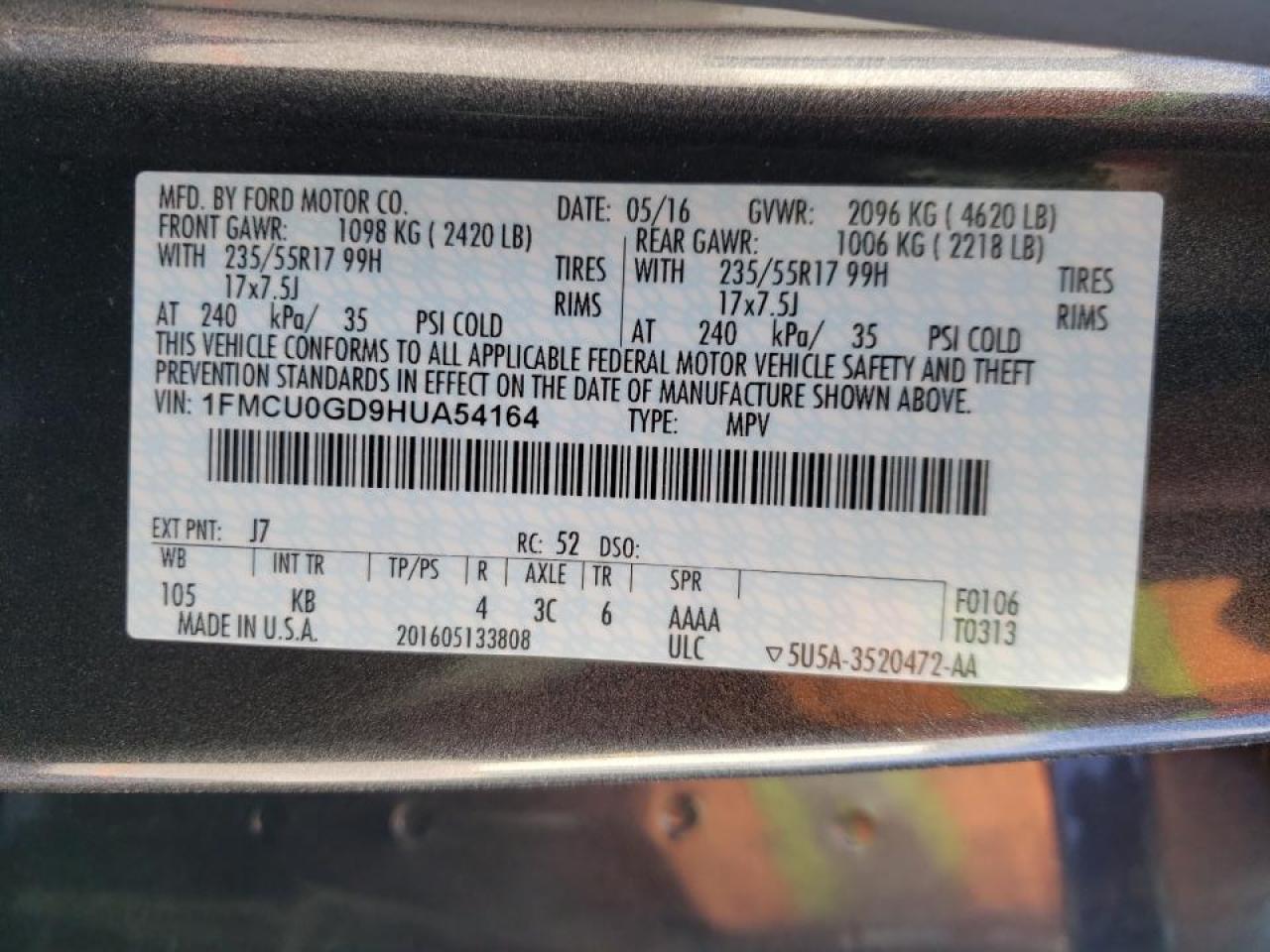 Photo 10 from auction – 2017 FORD ESCAPE SE with VIN 1FMCU0GD9HUA54164