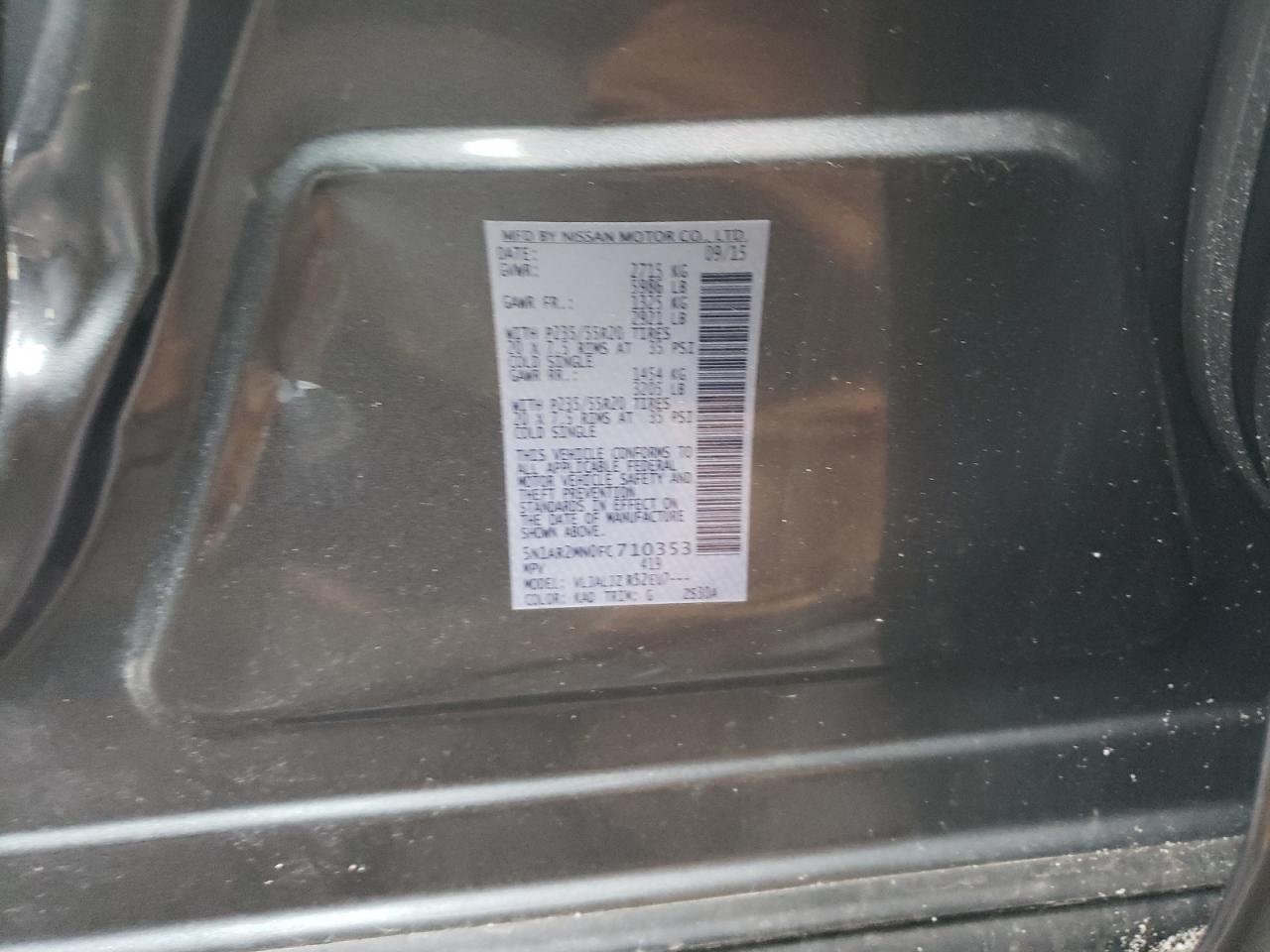 Photo 10 from auction – 2015 NISSAN PATHFINDER with VIN 5N1AR2MN0FC710353