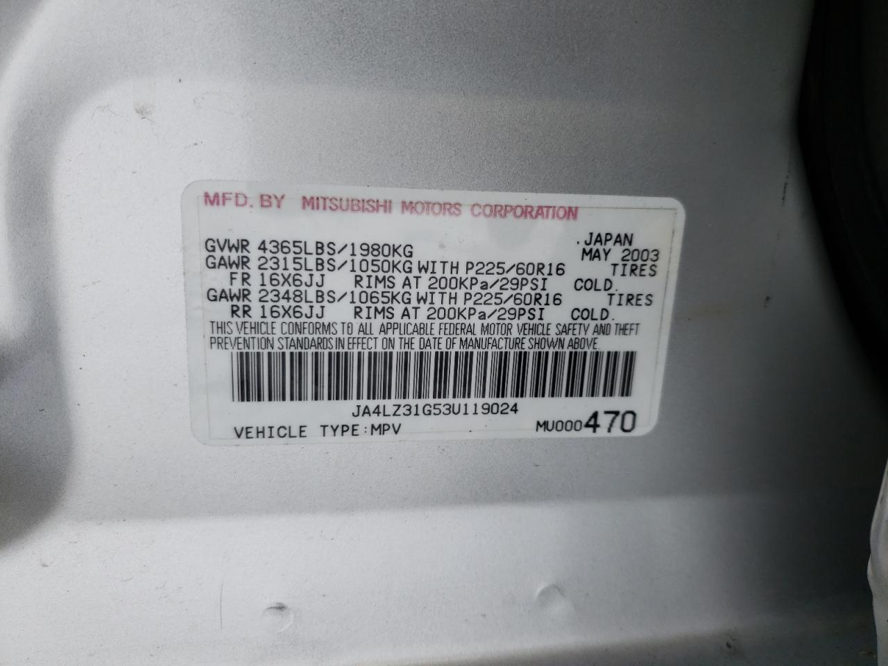 Photo 10 from auction – 2003 MITSUBISHI OUTLANDER with VIN JA4LZ31G53U119024