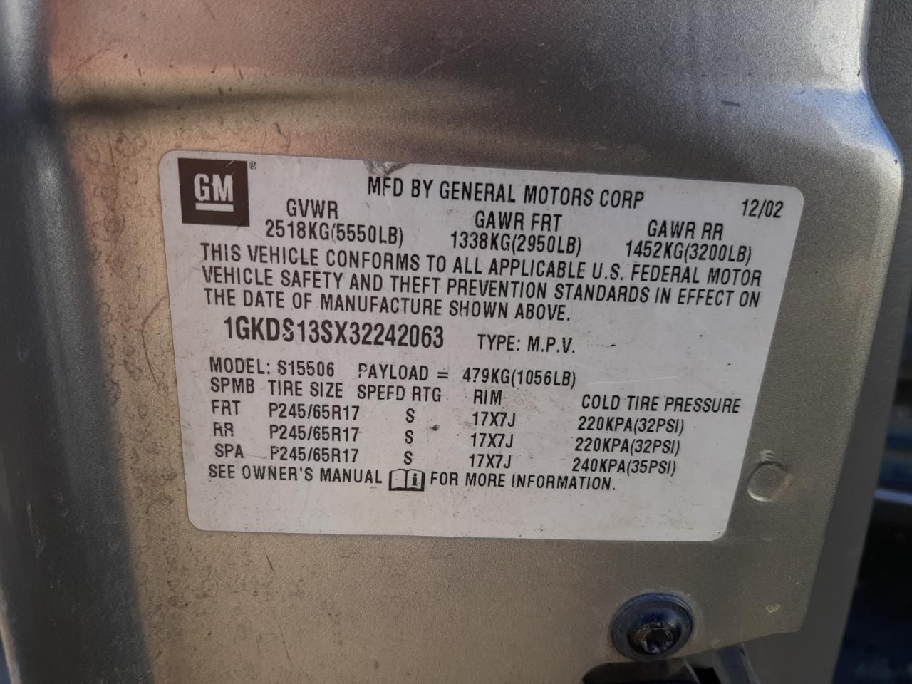 Photo 10 from auction – 2003 GMC ENVOY with VIN 1GKDS13SX32242063